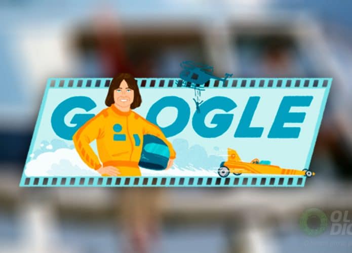 Doodle do Google em homenagem a Katy O'Neil com foto dela num helicóptero ao fundo