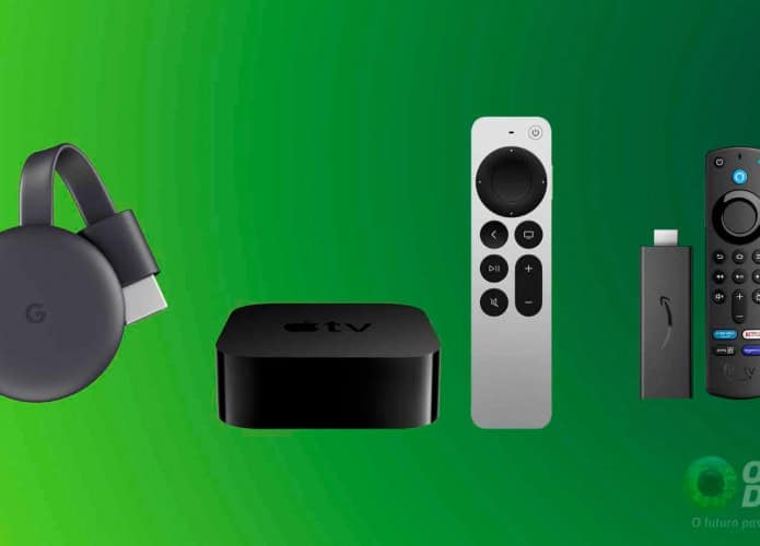 Modelos de Chromecast, Apple TV e Fire Stick lado a lado