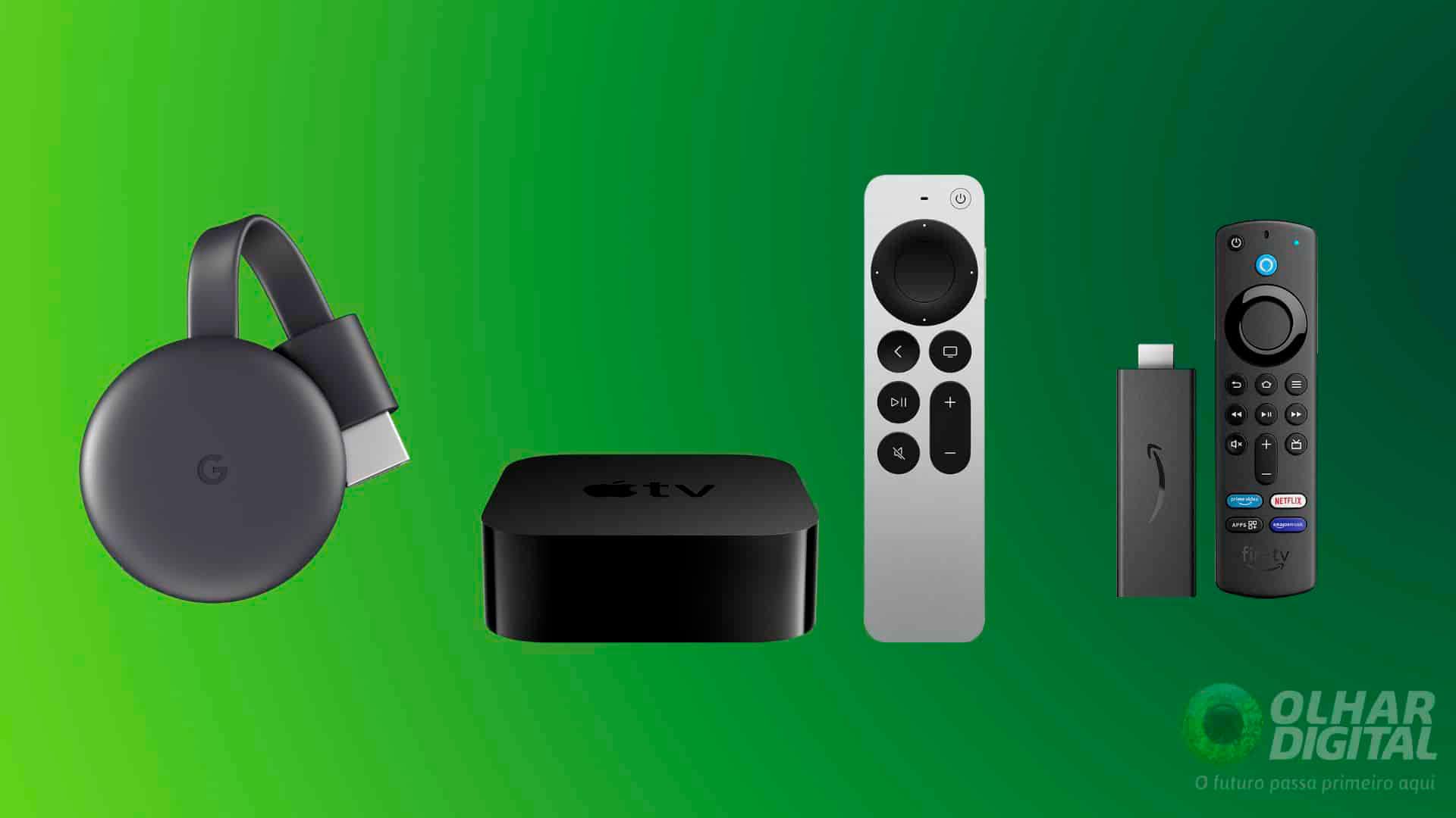 Modelos de Chromecast, Apple TV e Fire Stick lado a lado