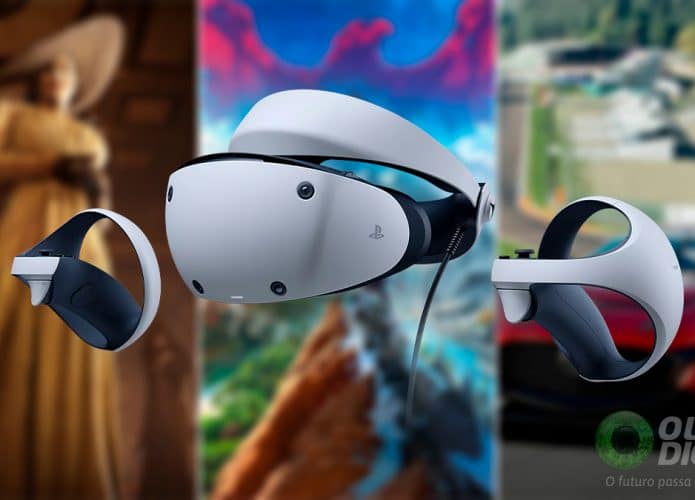 PS VR2 com três pôsteres de jogos ao fundo