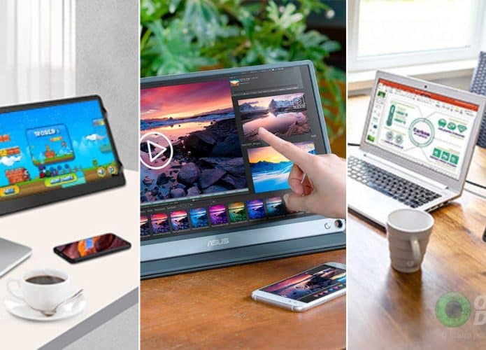 Três imagens de monitor portátil