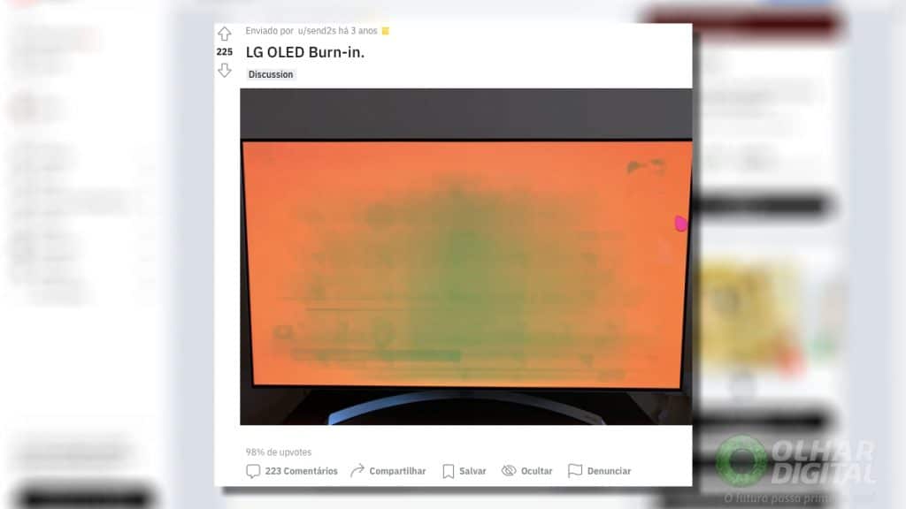 Print de post no Reddit sobre burn-in em TV da LG