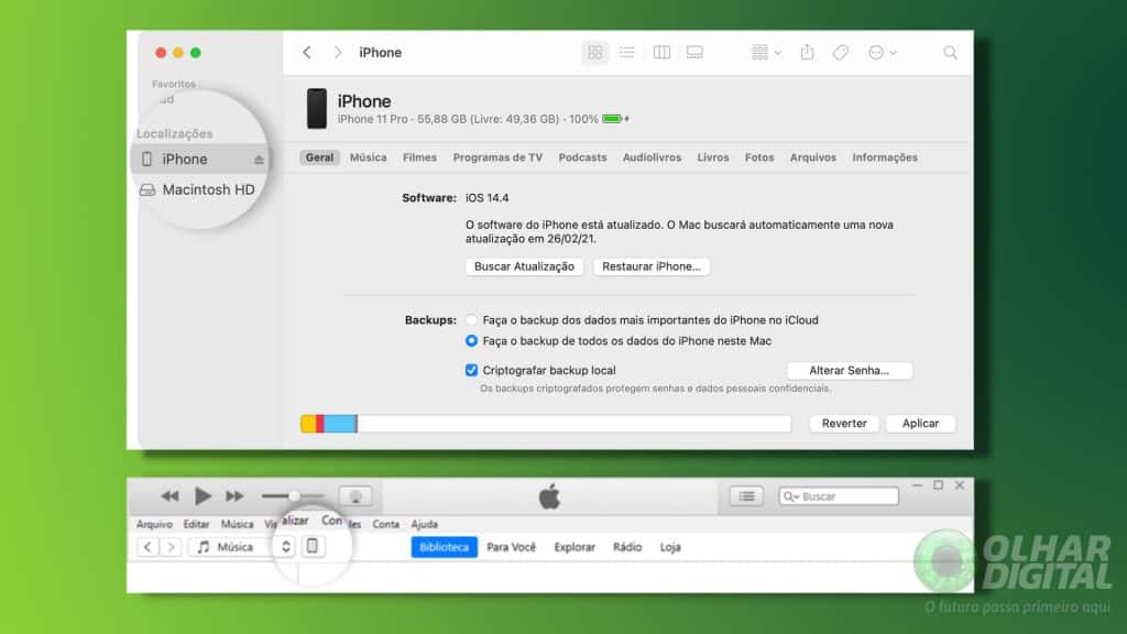 Tela do Finder num Mac e do iTunes no Windows