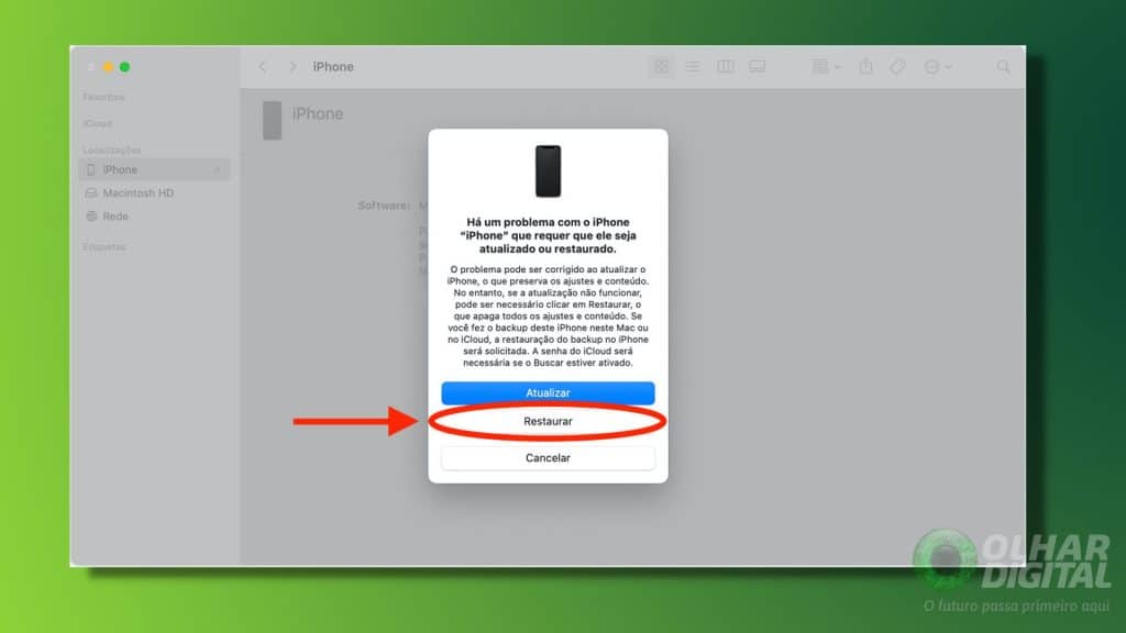 Tela de atualização e restauração de iPhone