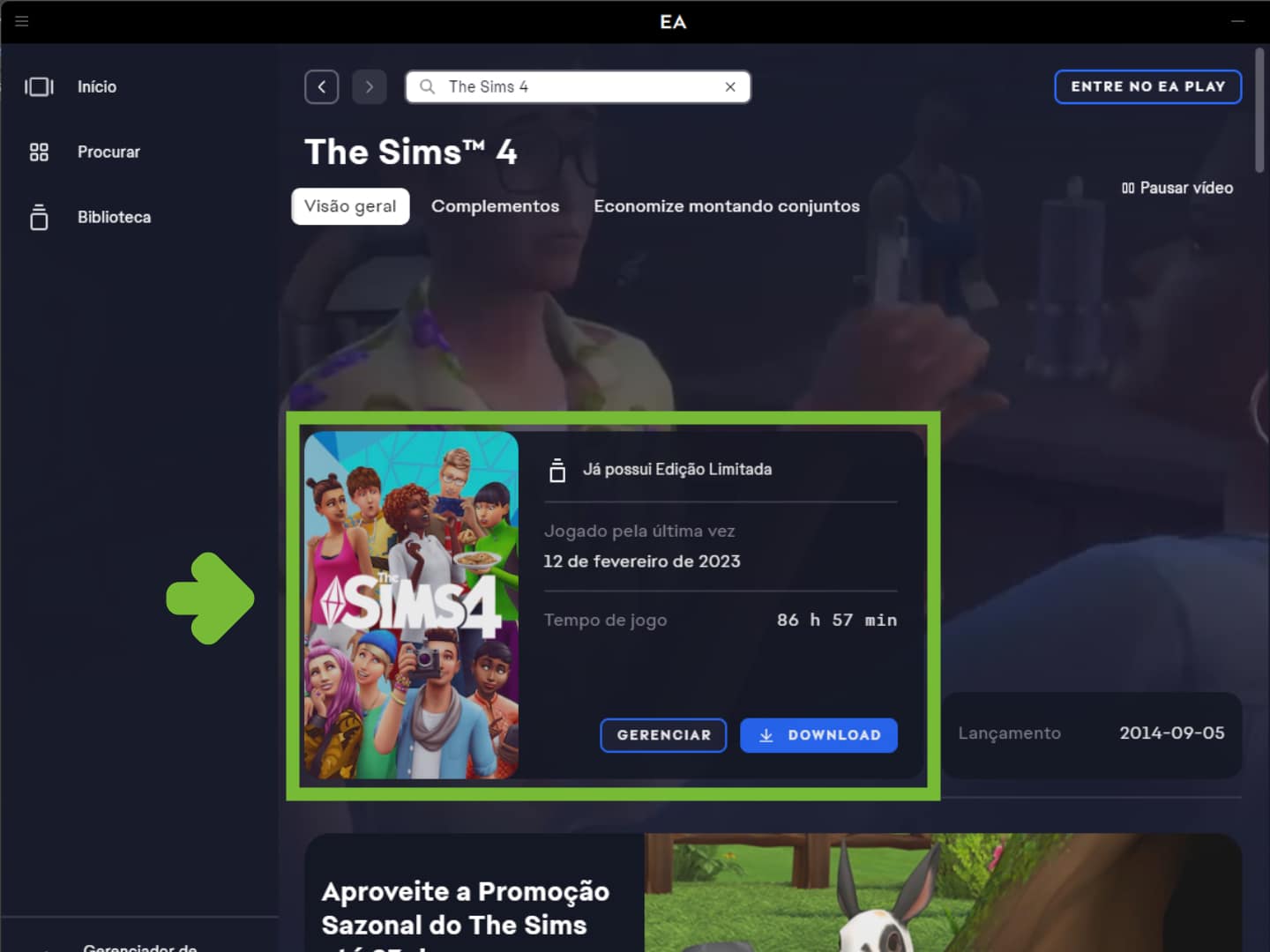 Página de The Sims 4 no EA App