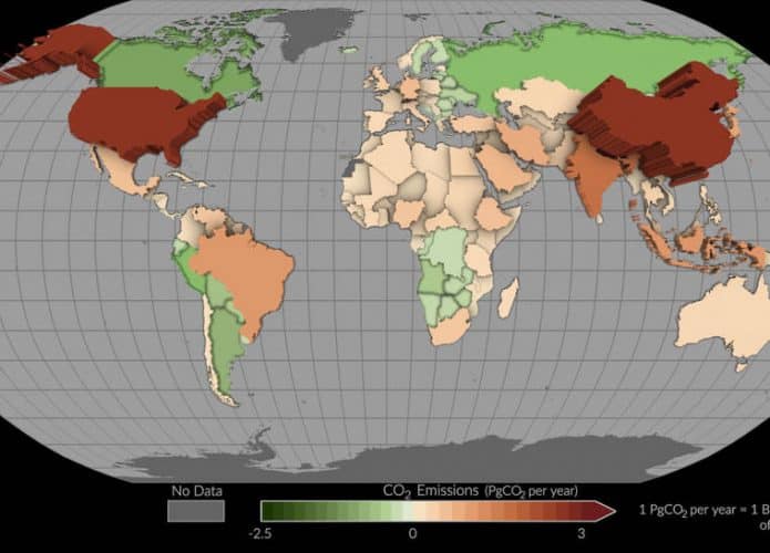 Emissões e remoções de dióxido de carbono no globo entre 2015 e 2020 (Credito: Estúdio de Visualização Científica da NASA)