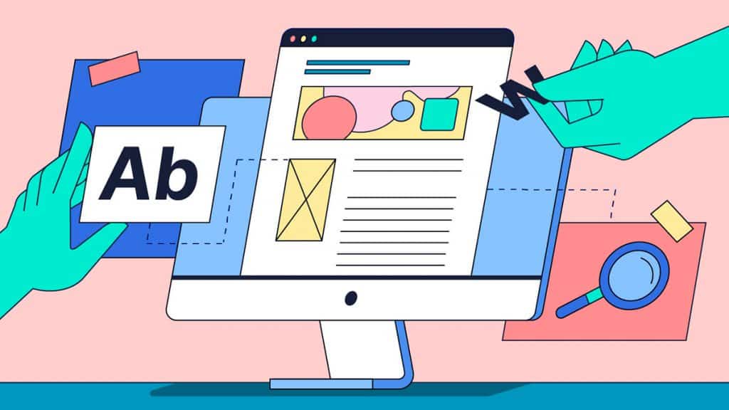 Ilustração de mãos montando página de blog num computador