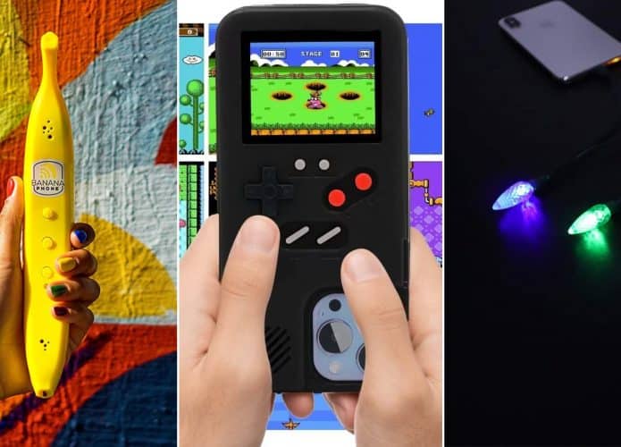 Três acessórios estranhos para iPhone: telefone banana, capa Gameboy e cabo pisca-pisca