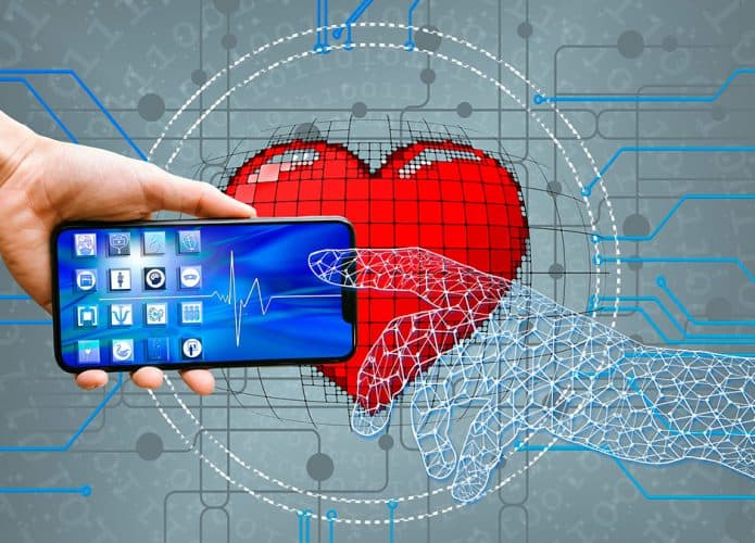 Ilustração de mão humana com celular quase tocando mão de tecnologia com coração ao fundo