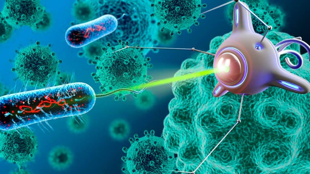 Ilustração de nanotecnologia exterminando moléculas