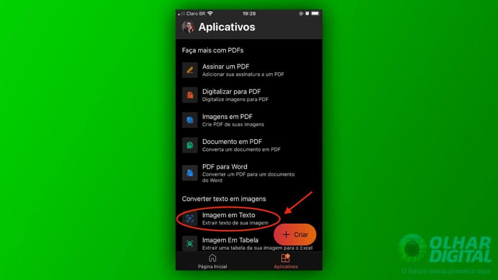 Tela do aplicativo Microsoft 365 num iPhone