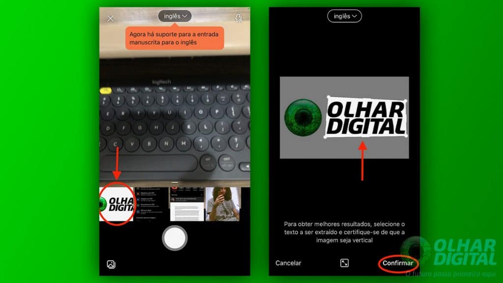 Telas para selecionar imagem e extrair textos de imagem no aplicativo Microsoft 365
