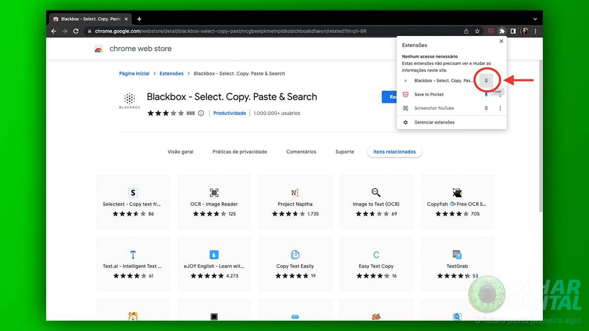 Tela da extensão Blackbox do Google Chrome para extrair textos de imagens