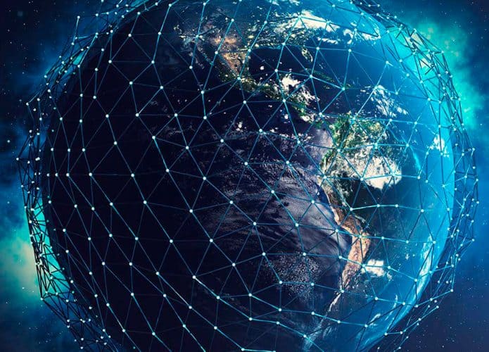 Ilustração da Terra com linhas de conexão de internet