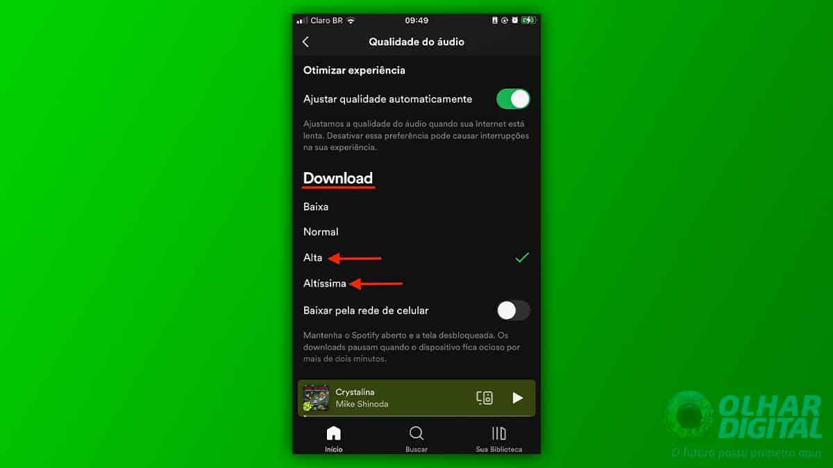 Tela de configurações de qualidade do áudio do Spotify no iPhone