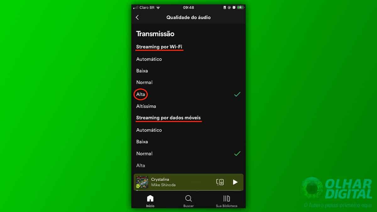 Tela de configurações de qualidade do áudio do Spotify no iPhone