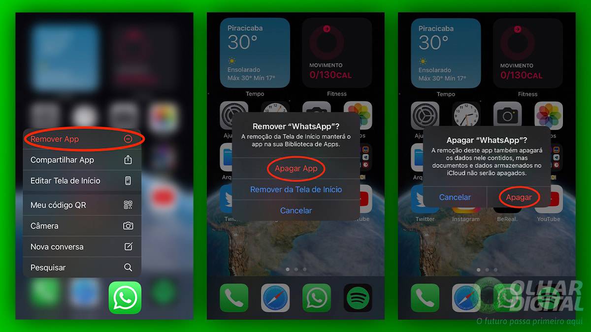 Telas para desinstalar WhatsApp de um iPhone