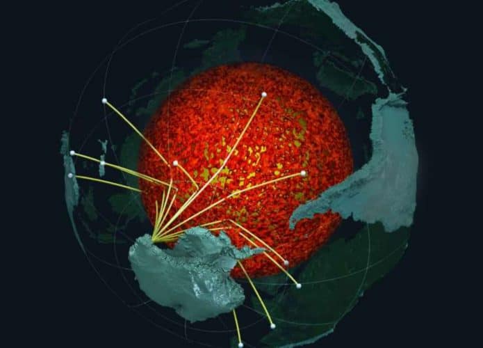 Ondas sísmicas de terremotos foram captadas no hemisfério sul para entender as ULVZ. (Credito: Edward Garnero e Mingming Li, Arizona State University.)