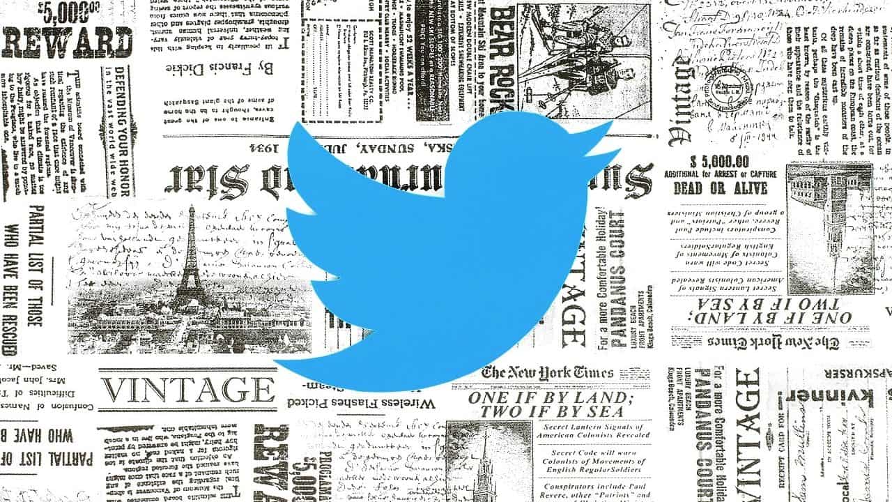 Logomarca do Twitter com recortes de jornal ao fundo