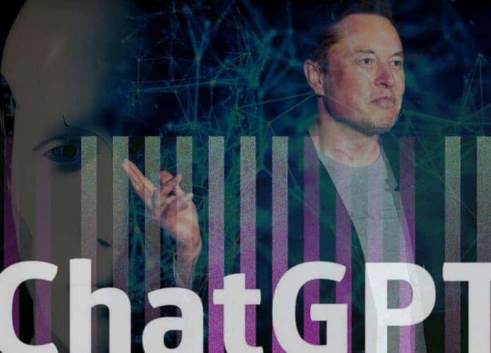 Foto do robô e Elon Musk; ao fundo Logotipos Open AI e CHAT GPT