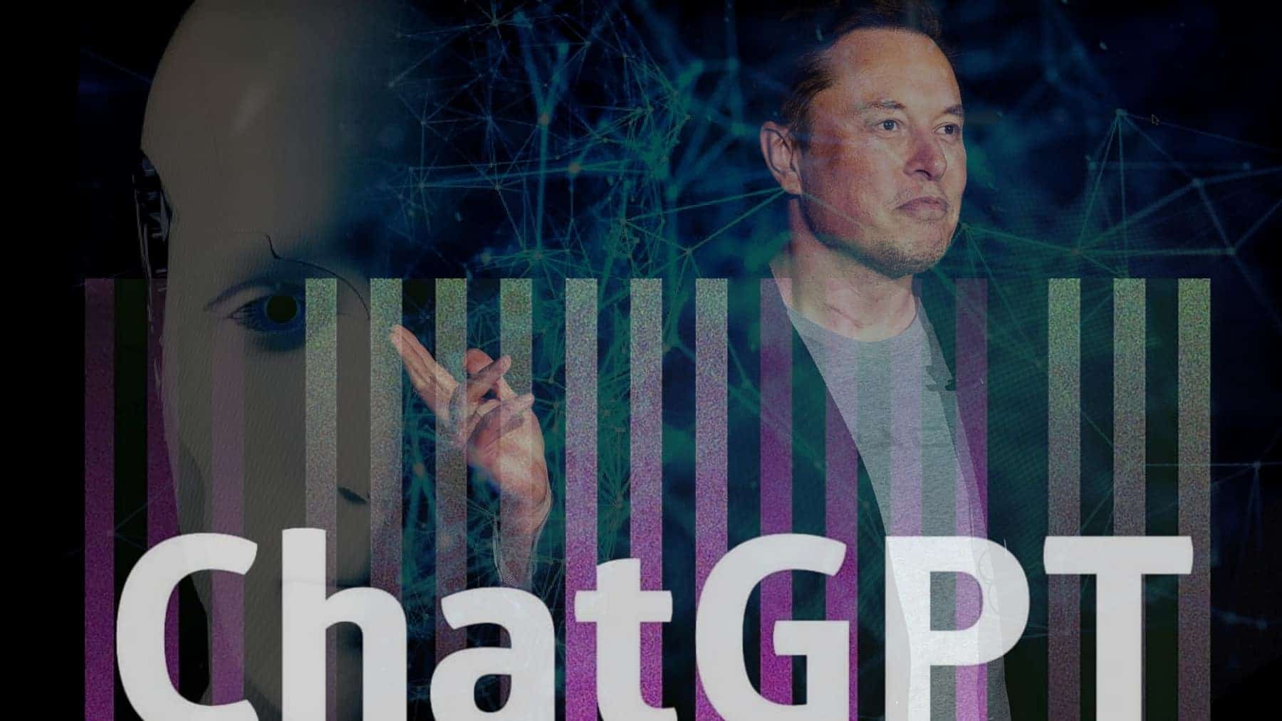 Foto do robô e Elon Musk; ao fundo Logotipos Open AI e CHAT GPT