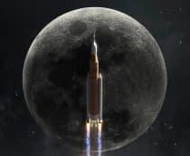 Representação de um foguete passando pela Lua