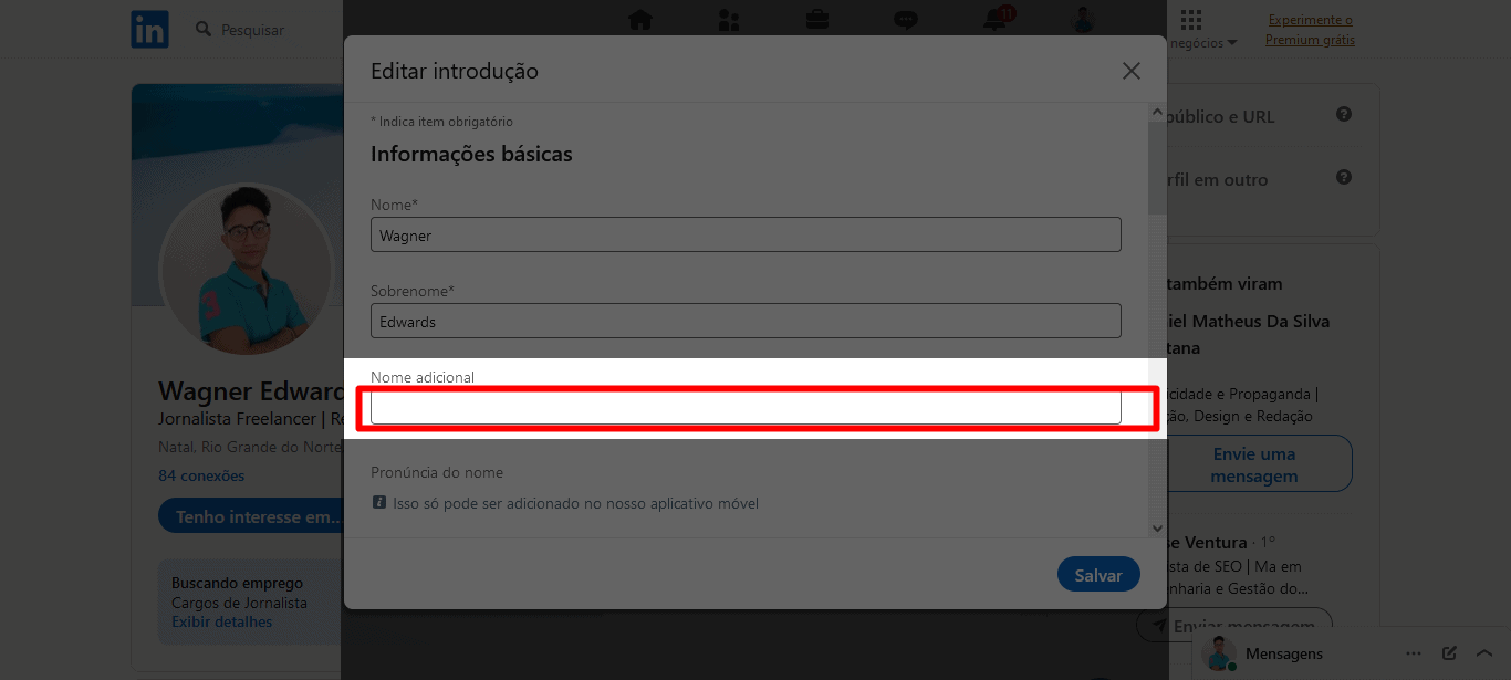 4 - como inserir nome adicional no linkedin