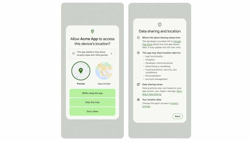 Telas de avisos sobre localização no Android 14 Beta 2