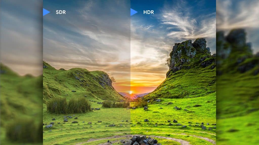 Comparação de imagem de paisagem com e sem Ultra HDR no Android 14 Beta 2