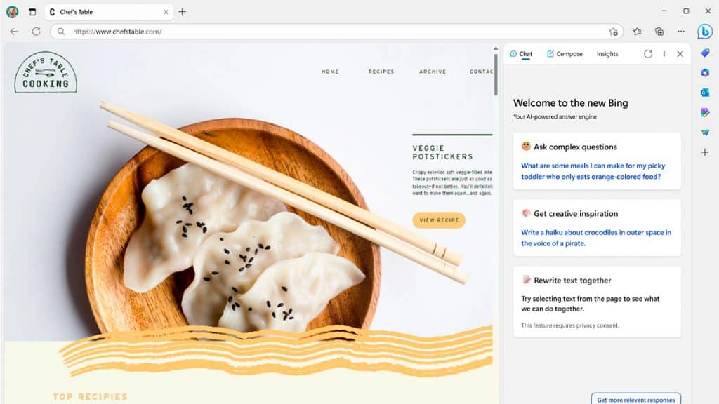 Captura de tela do Bing Chat no Microsoft Edge