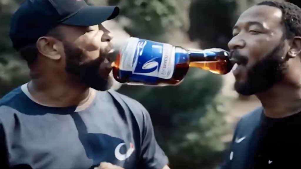 Cena de comercial criado por IA em que dois homens toma cerveja