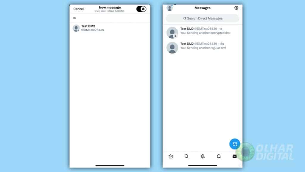 Montagem com telas de conversa no Twitter com mensagens criptografadas