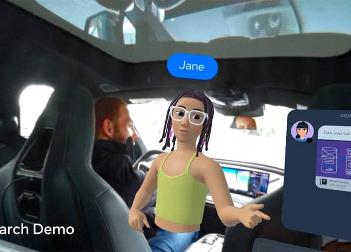 Visão em primeira pessoa do banco de trás de uma BMW com óculos de realidade aumentada conversando com avatar de alguém no Facebook