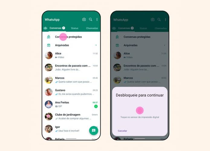 Telas de celular com WhatsApp aberto e recurso de proteção por biometria ativado