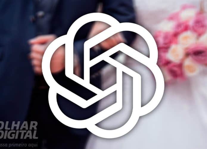 Logomarca do ChatGPT com casal em casamento ao fundo