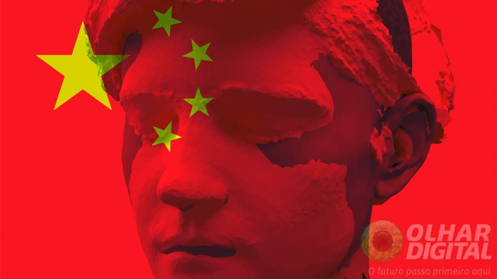 Bandeira da China com projeção 3D de cabeça de pessoa sobreposta para ilustrar ideia de deepfake