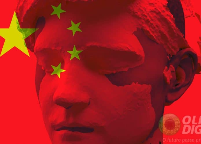 Bandeira da China com projeção 3D de cabeça de pessoa sobreposta para ilustrar ideia de deepfake