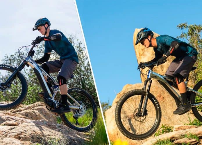 Montagem de fotos de homem andando em nova bicicleta elétrica da Yamaha