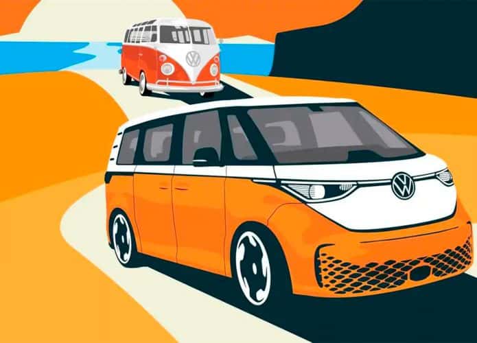 Ilustração de Kombi elétrica com Kombi tradicional atrás