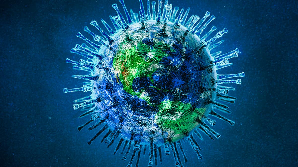 Ilustração do planeta Terra em formato de vírus