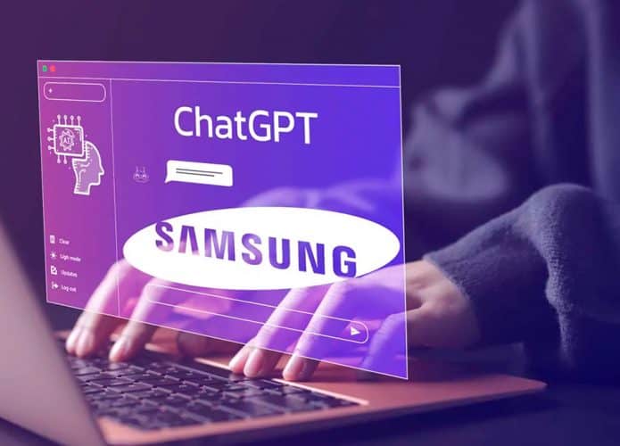 Pessoa usando notebook com tela holográfica com logomarcas do ChatGPT e Samsung