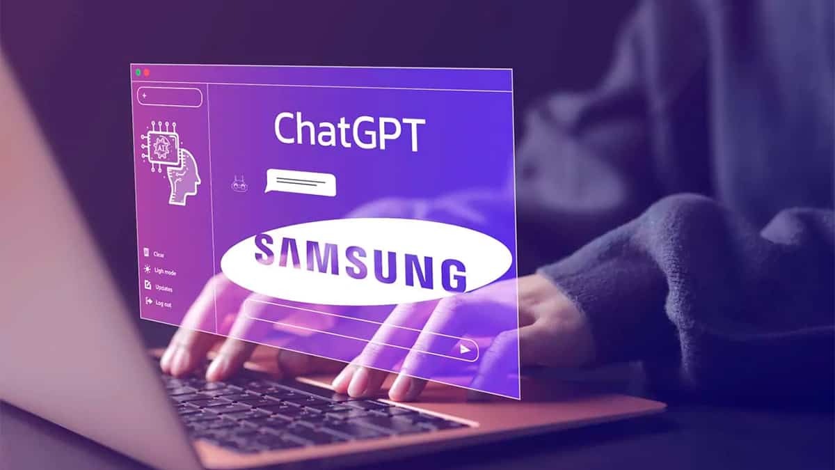 Pessoa usando notebook com tela holográfica com logomarcas do ChatGPT e Samsung
