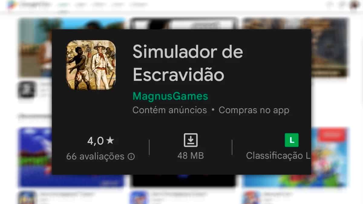 Print da página do jogo "Simulador de Escravidão" na Play Store do Google