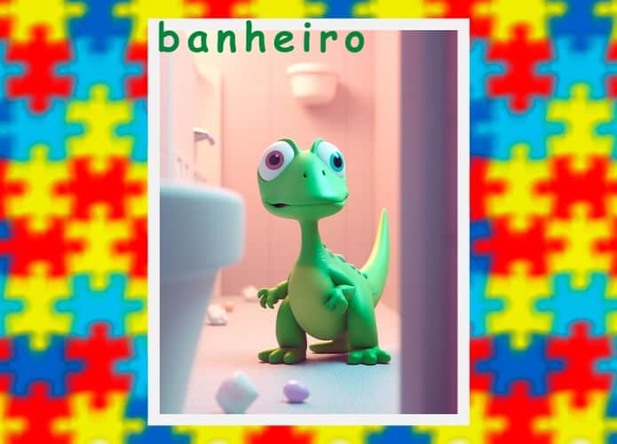Cartão com dinossauro no banheiro e escrito banheiro em cima gerado por site com IA