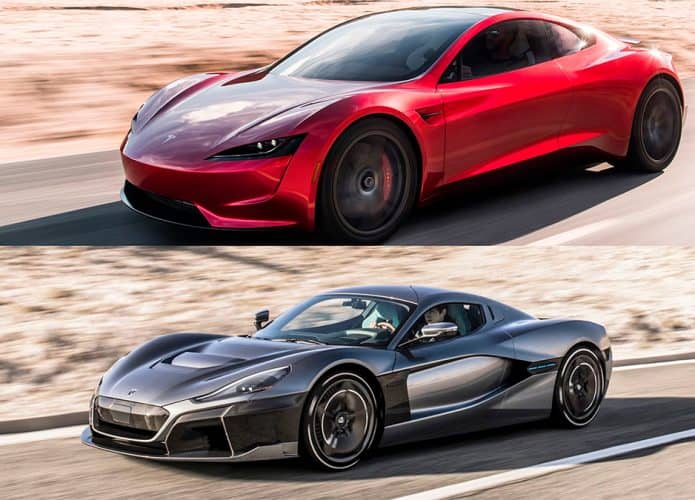 Montagem de Tesla Roadster e Rimac Nevera coreando na rodovia