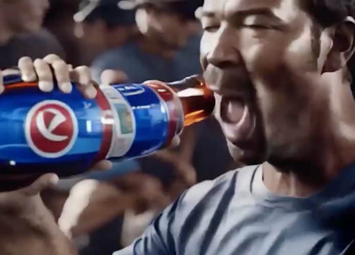 Cena de comercial criado por IA em que homem toma cerveja