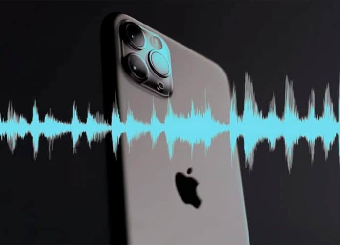 Visão de trás de iPhone 14 Pro com ondas de voz em cima