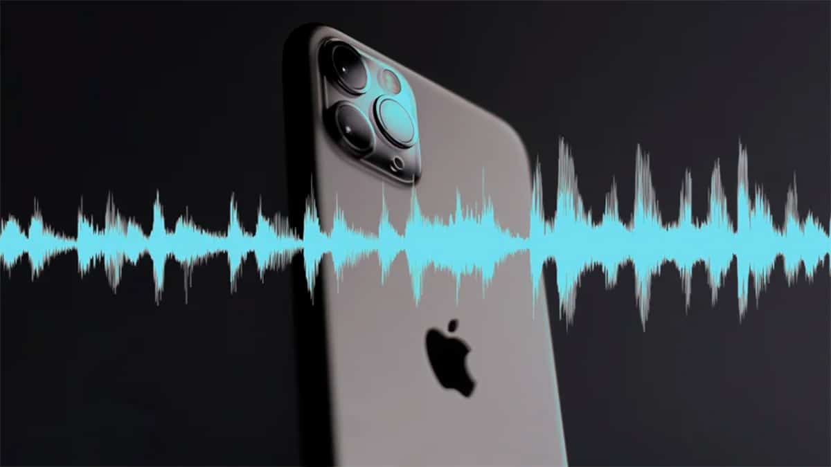 Visão de trás de iPhone 14 Pro com ondas de voz em cima
