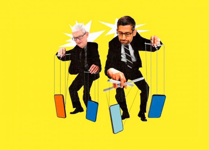 Ilustração dos CEOs da Apple e do Google controlando marionetes de celulares