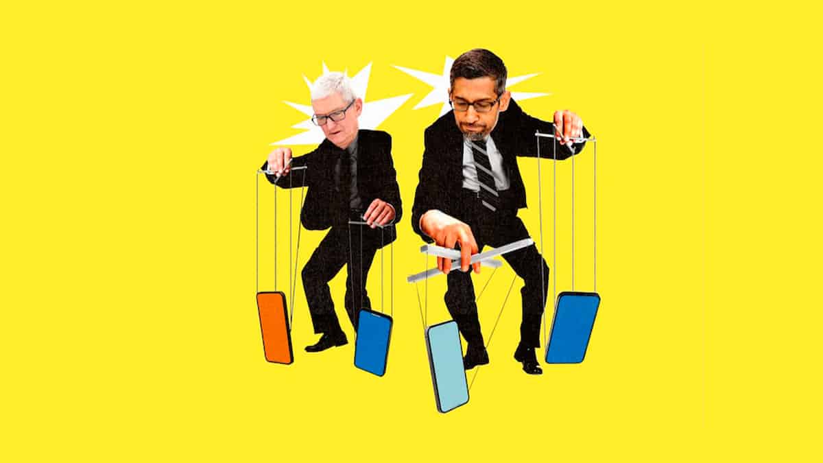 Ilustração dos CEOs da Apple e do Google controlando marionetes de celulares